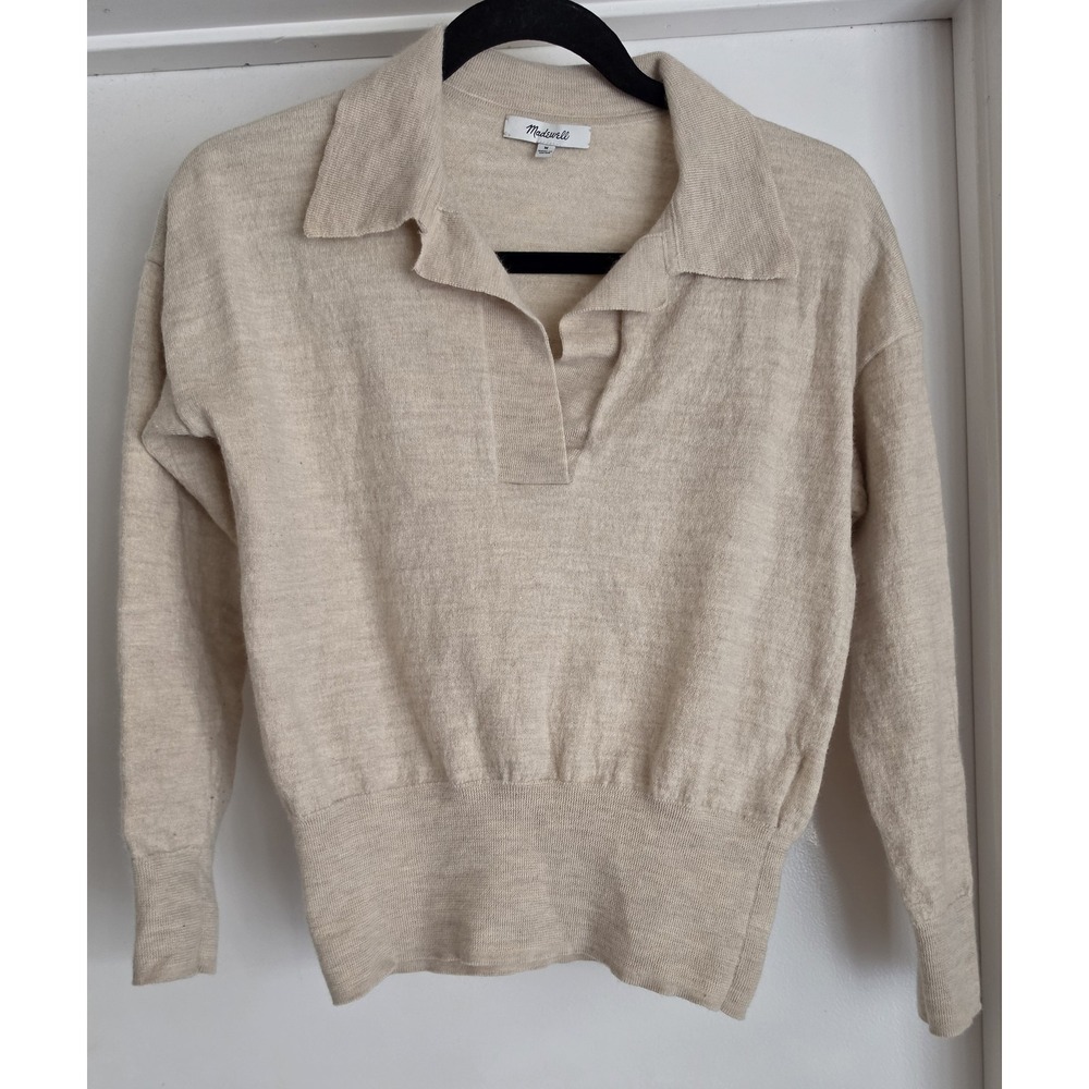 Madewell Merino Wool Sweater M Beige Collared Long Sleeve Pullover Knit Top